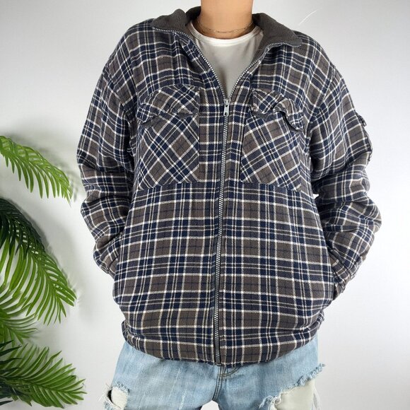 Vintage 90s Grunge Indie Granola Girl Gorpcore Casual Flannel Zip Up Shacket / L - Picture 3 of 8